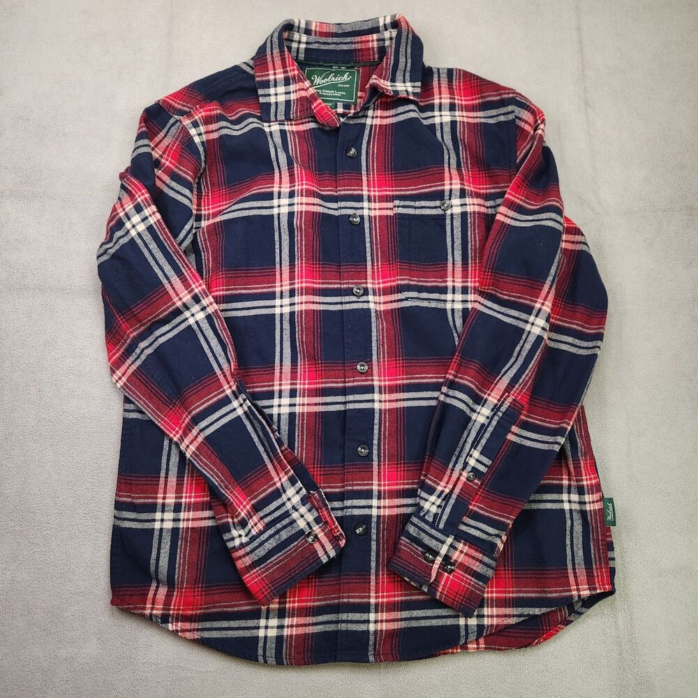 Woolrich Flannel Shirt Men's M Button Up Blue Red Plaid Long Sleeve‎ 100% Cotton